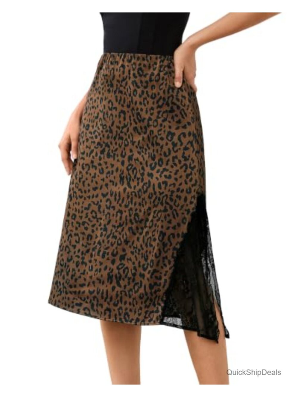 Satin Leopard Slit Lace Trim A-Line Midi Skirt